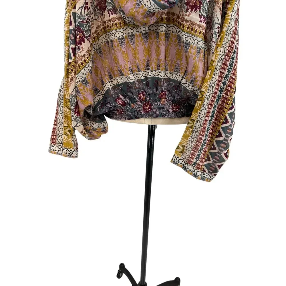 Free People Hold On Tight Gauze Pullover‎ Top Hooded Floral Paisley XS Small